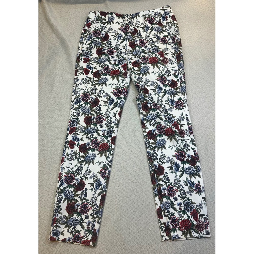 Zara Basic Floral Pants Womens 4 White Red Blue Cotton Slim Trousers Boho Chic